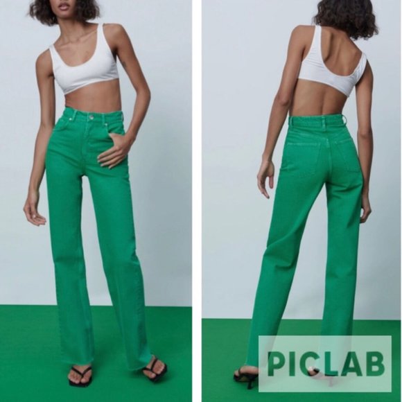 Zara Wide Leg Raw Ripped Hem Bright Green High Waisted Mom Jeans Y2K: 2 - Picture 1 of 12